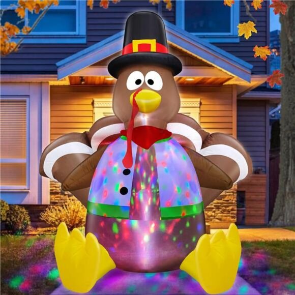 [ Colorful Rotating Lights ] 6 Ft Tall Thanksgiving Inflatable Turkey - Picture 1 of 7